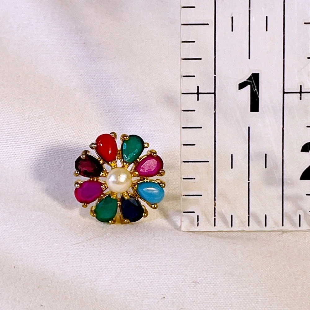 Vintage Multicolor Flower Stud Earrings Gold Tone Faux Pearl Jewel Tone‎ Floral